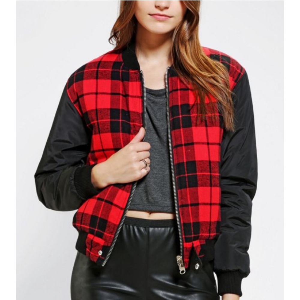 UNIF Red Plaid Reversible Bomber Jacket